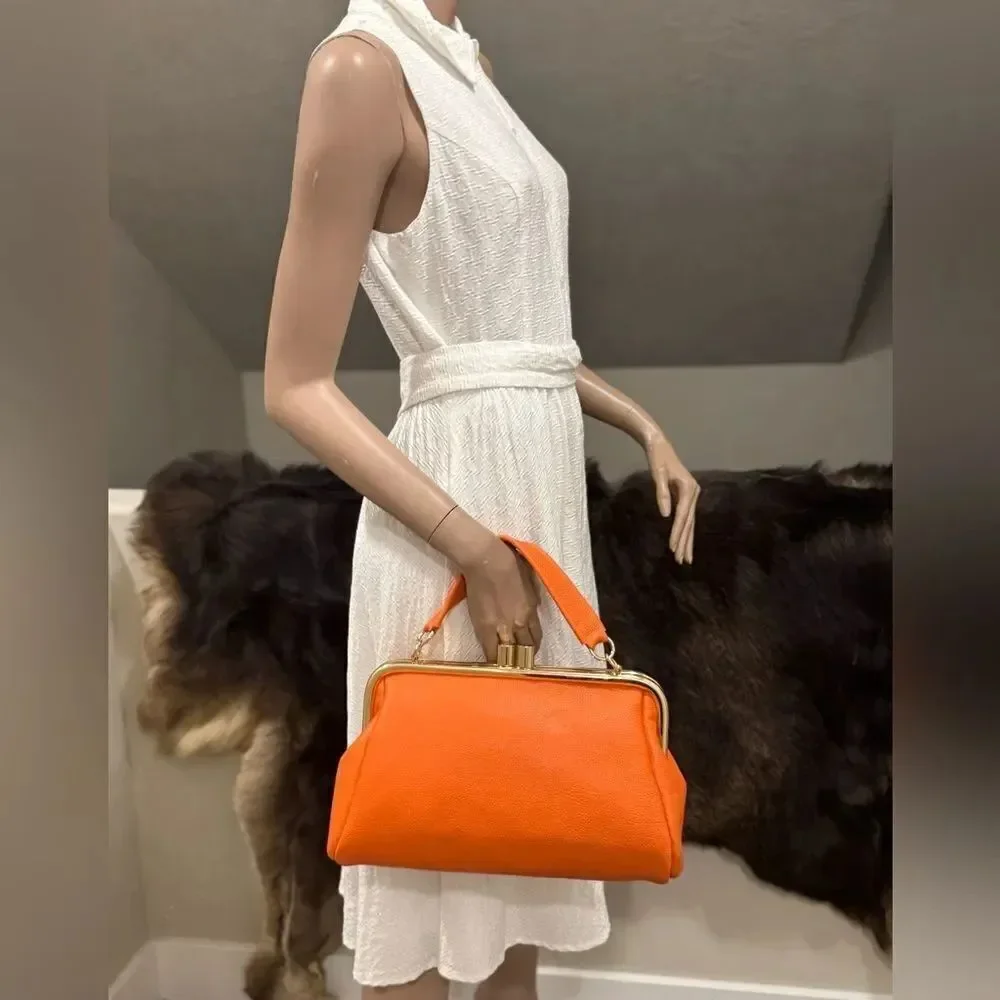 Orange Premium Pebble Cowhide Handmade Large Kiss Lock Handbag/ Multi Use Style
